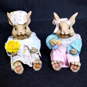 Vintage Pair of Brown Sitting Spring Bunny Rabbits with Clothes Mom Daughter